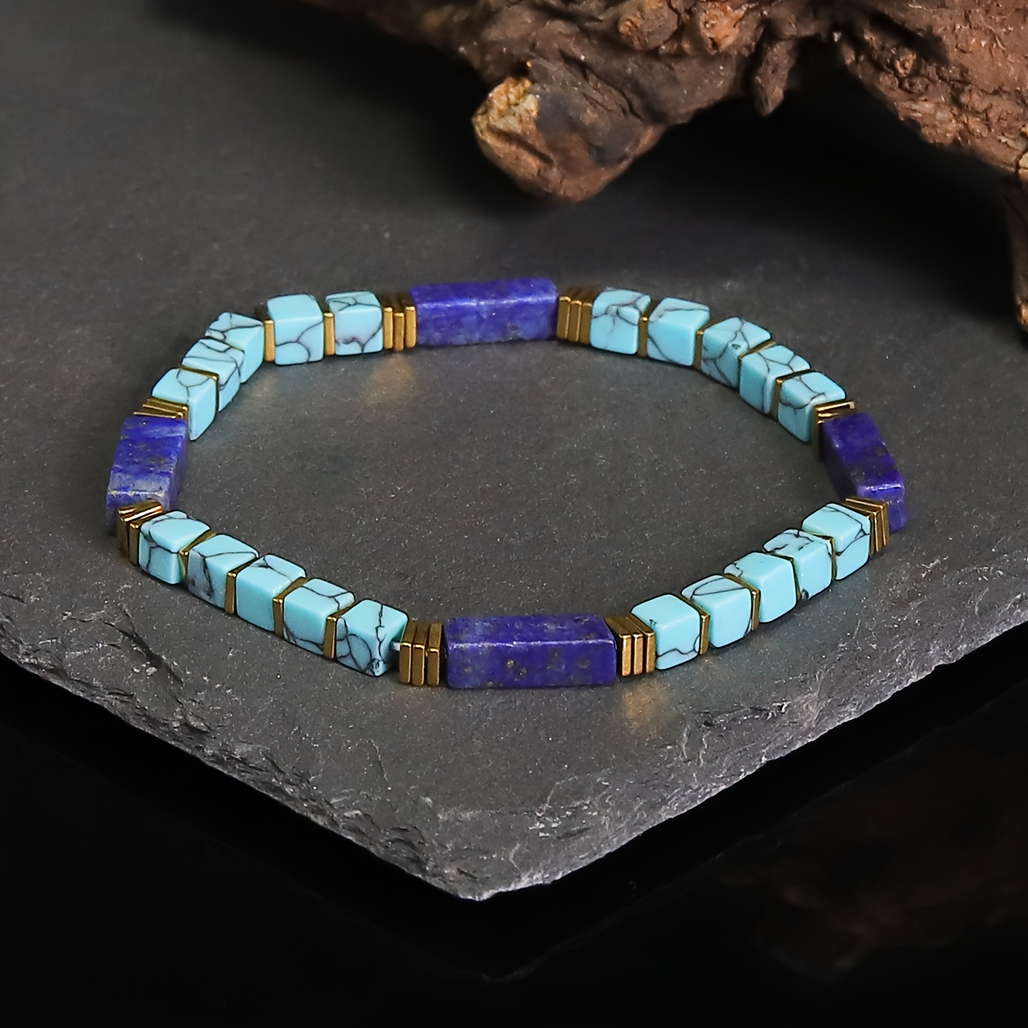 2pcs Lapis Lazuli & Turquoise Square Beaded Bracelet Set